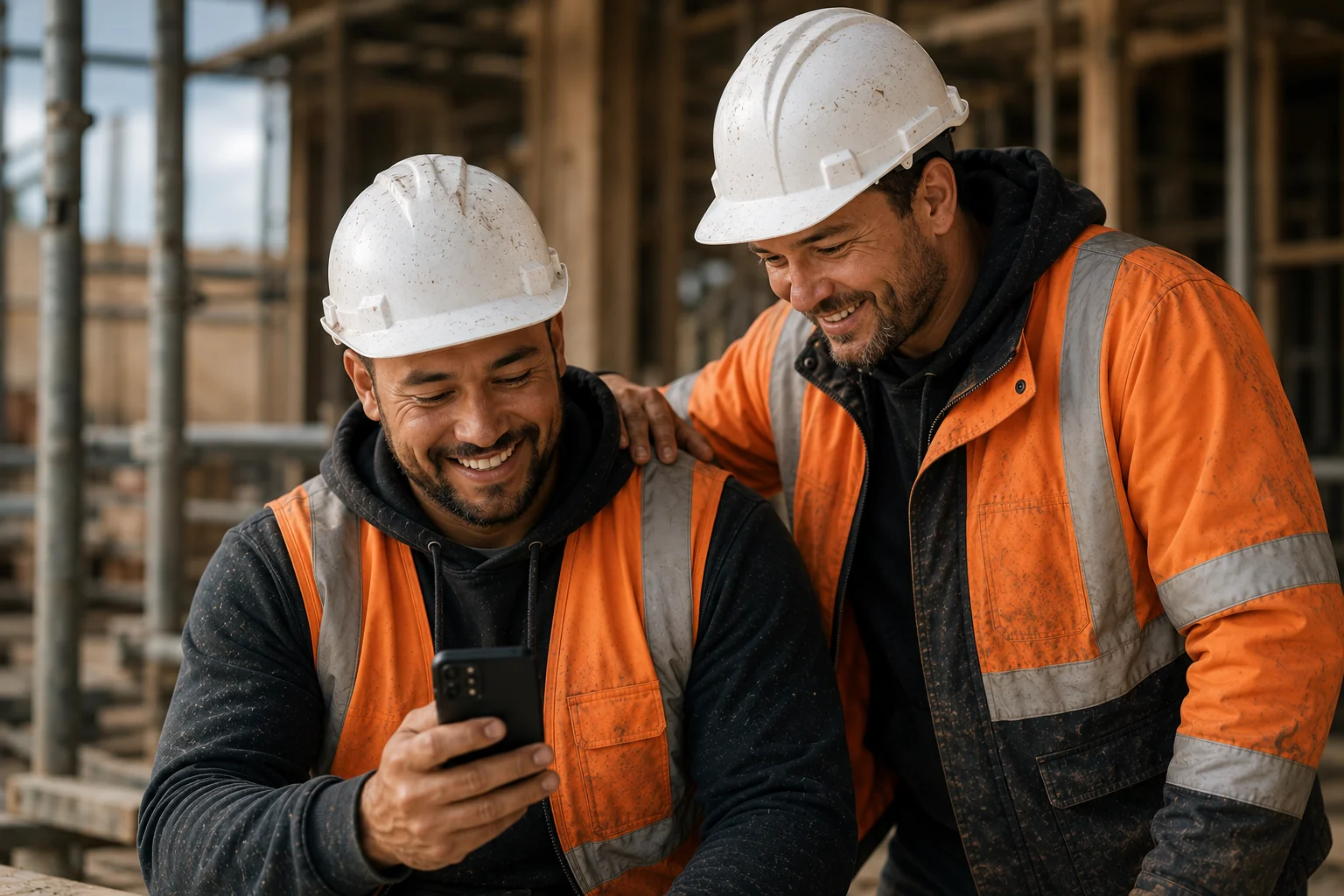Two workers in hi-vis gear looking at a phone together on site