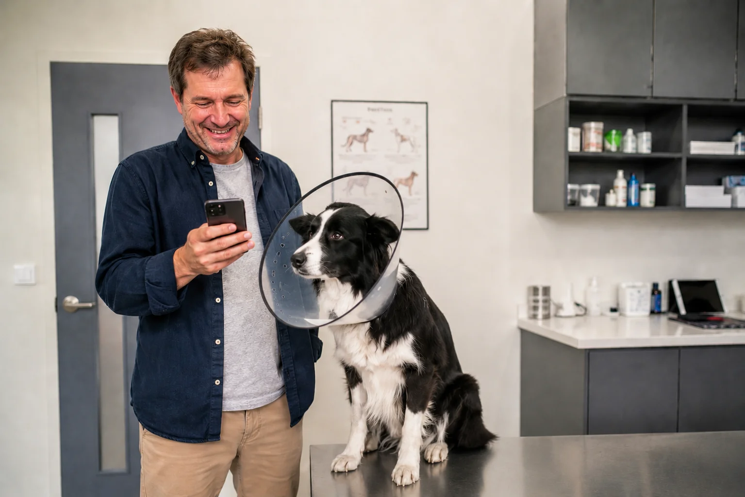 A man at a vet clinic smiles at his phone while his dog, wearing a recovery cone, sits on the exam table beside him